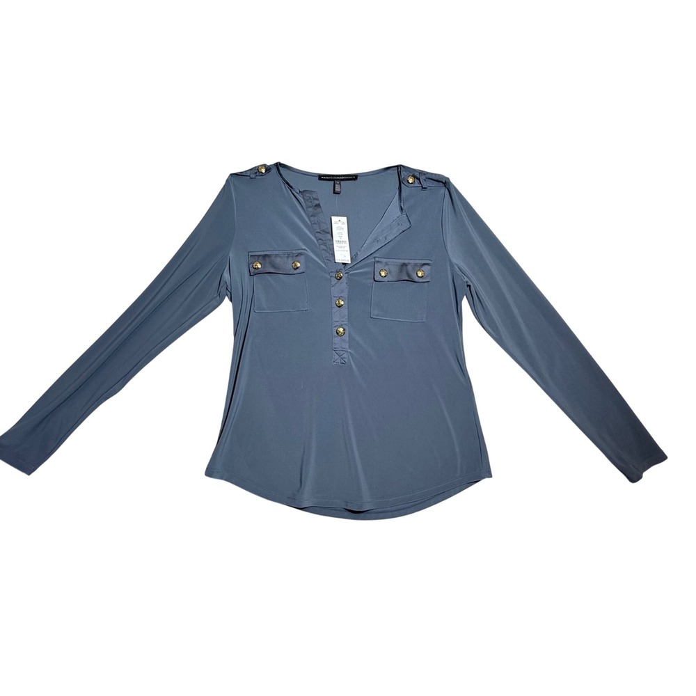 NWT White House Black Market Utility Tee True Indigo Blue Gold Button Top S NEW